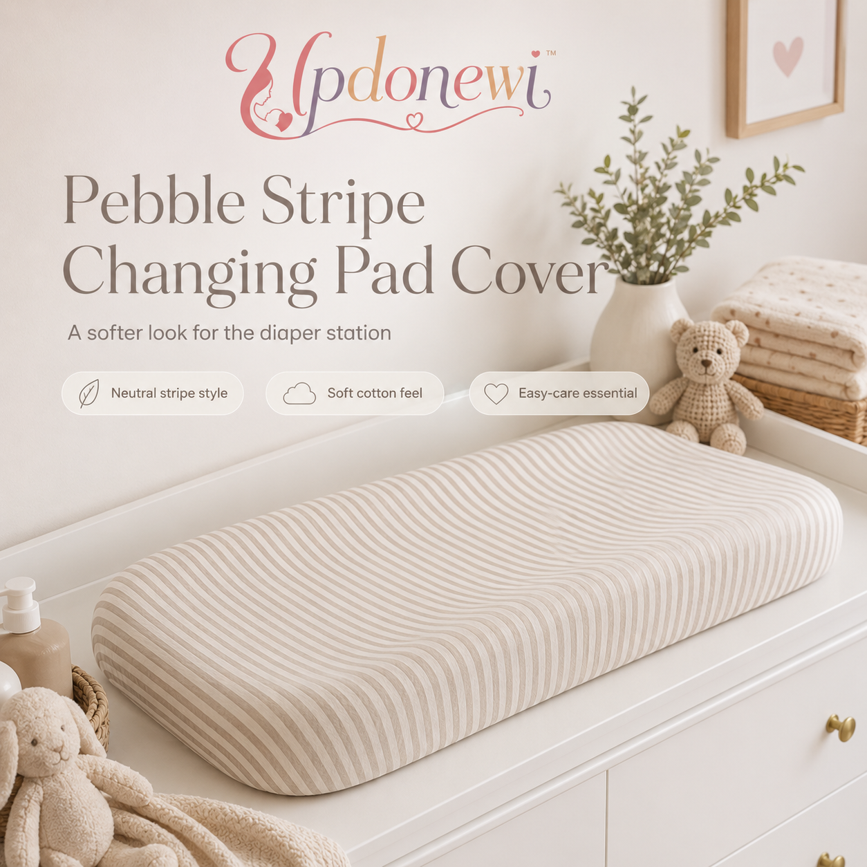Updonewi™ Pebble Stripe Changing Pad Cover – Neutral Nursery Changing Table Cover, Soft Cotton Baby Diaper Station Essential, Modern Beige Baby Room Decor