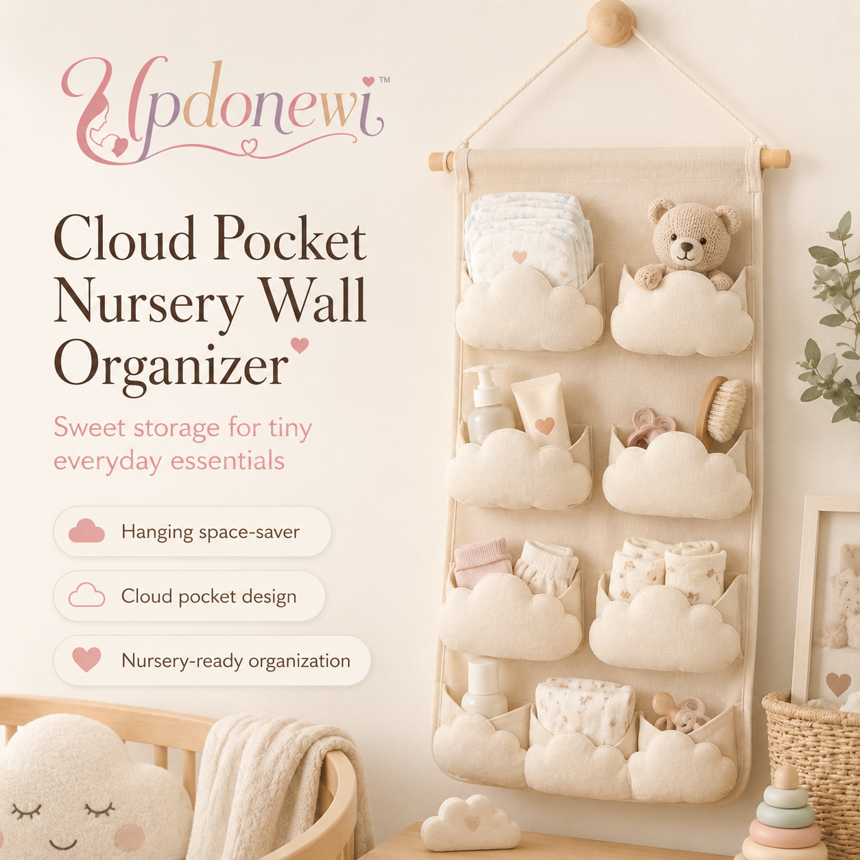 Updonewi™ Cloud Pocket Nursery Wall Organizer – Hanging Baby Storage Caddy, Diaper Station Organizer, Nursery Essentials Holder, Cute Neutral Baby Room Decor