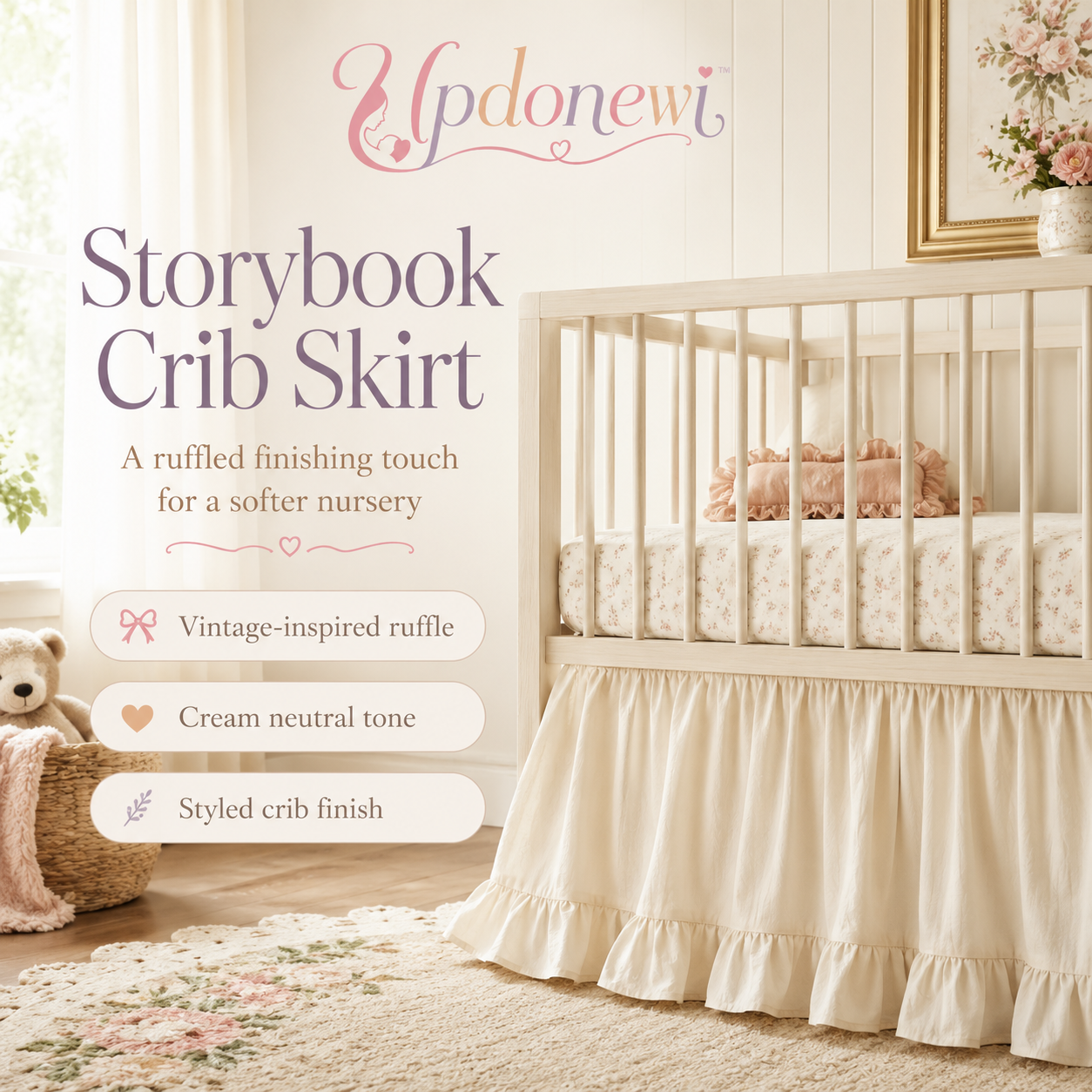 Updonewi™ Storybook Crib Skirt – Ruffled Nursery Dust Ruffle, Vintage Baby Bedding Decor, Cream Crib Skirt for Standard Crib, Cottage Nursery Accent