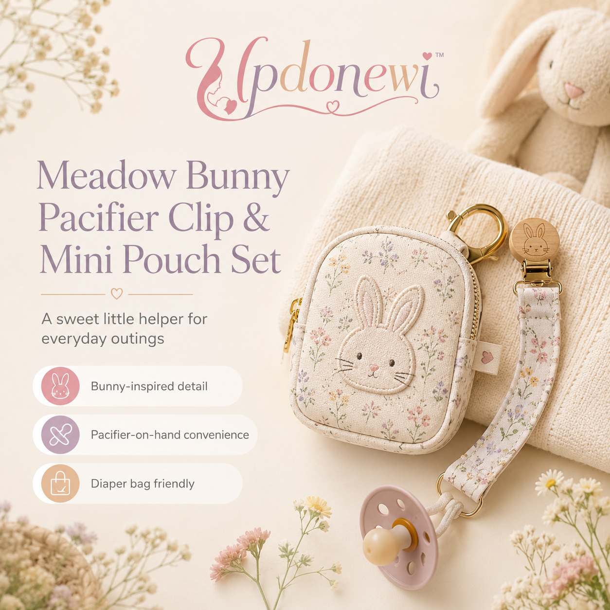 Updonewi™ Meadow Bunny Pacifier Clip and Pouch Set – Cute Baby Accessory, Pacifier Holder, Diaper Bag Essential, Boutique Newborn Gift