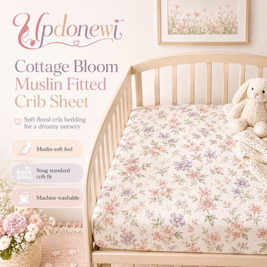 Updonewi™ Cottage Bloom Muslin Fitted Crib Sheet – Floral Baby Bedding, Standard Crib Mattress Sheet, Soft Cotton Nursery Decor, Boutique Baby Girl Crib Sheet