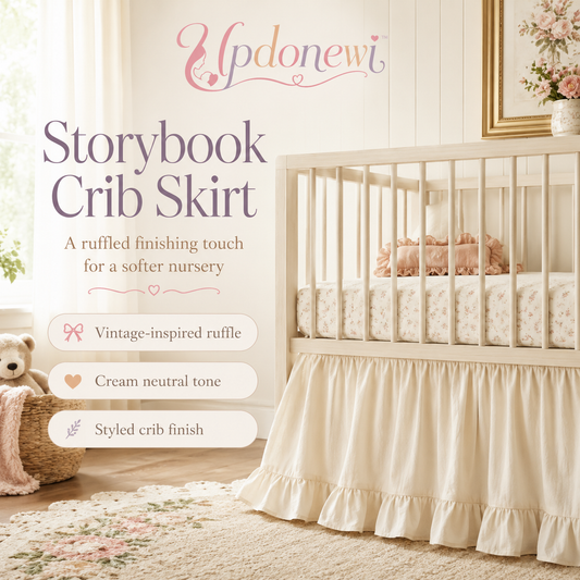Updonewi™ Storybook Crib Skirt – Ruffled Nursery Dust Ruffle, Vintage Baby Bedding Decor, Cream Crib Skirt for Standard Crib, Cottage Nursery Accent