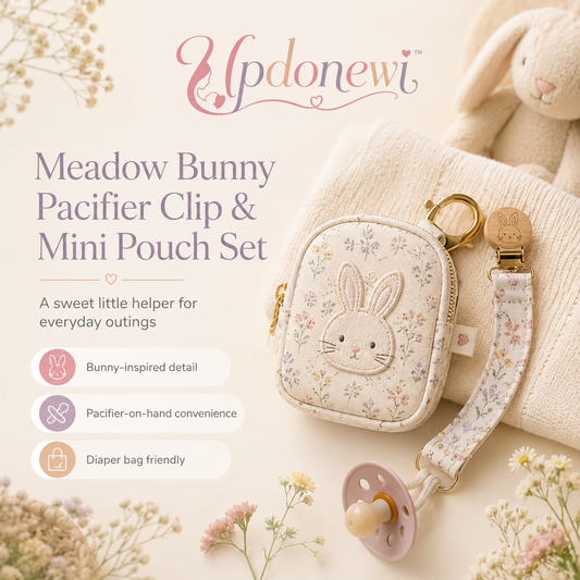 Updonewi™ Meadow Bunny Pacifier Clip and Pouch Set – Cute Baby Accessory, Pacifier Holder, Diaper Bag Essential, Boutique Newborn Gift