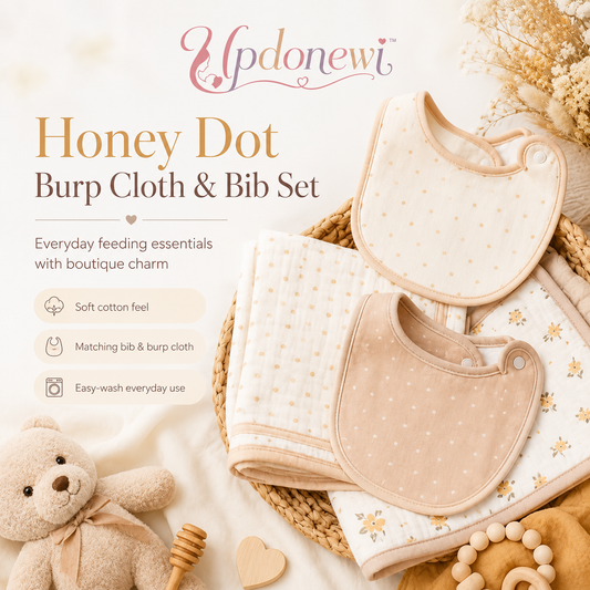 Updonewi™ Honey Dot Baby Burp Cloth and Bib Set – Absorbent Cotton Burp Rags, Drool Bibs, Newborn Feeding Essentials, Gender Neutral Baby Gift