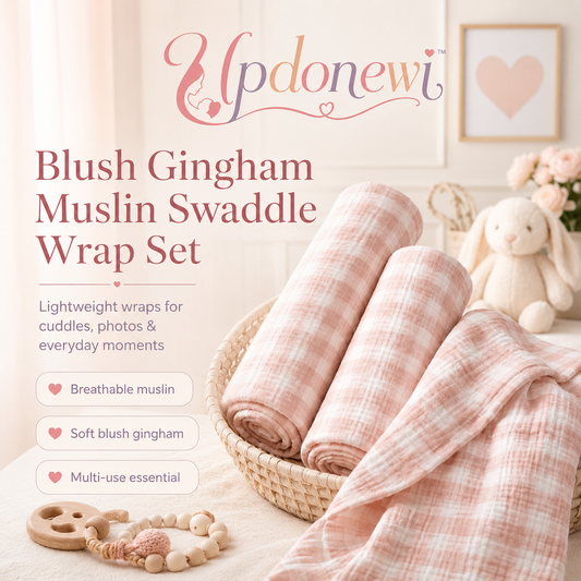 Updonewi™ Blush Gingham Muslin Swaddle Blanket Set – Cotton Baby Swaddles, Newborn Receiving Blankets, Pastel Nursery Wraps, Baby Shower Gift Set