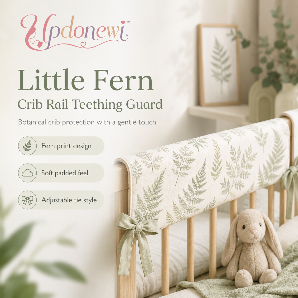 Updonewi™ Little Fern Crib Rail Cover – Padded Crib Teething Guard, Botanical Nursery Rail Protector, Neutral Baby Bedding Accessory, Adjustable Tie Crib Guard